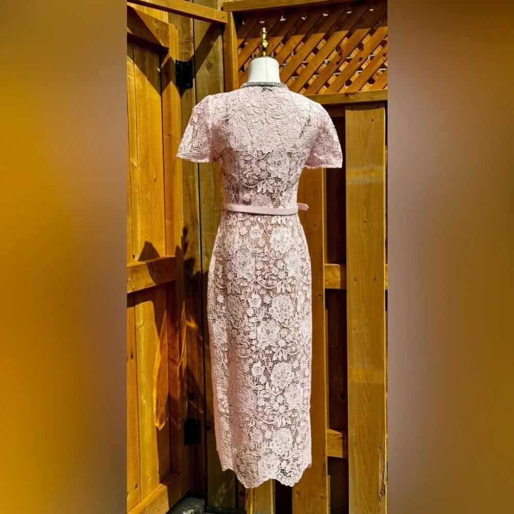 🆕 SELF-PORTRAIT 🧿 BNWOT Pink Lace Diamante Bow Midi Dress, Sz US 4 / UK 8 - Picture 10 of 16